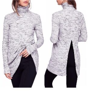 Free People We the Free Stone Cold Split Back Turtleneck Pullover-Marled Grey- M